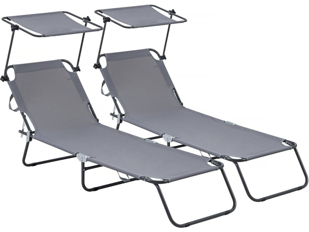 Ligbed set 2 ligstoelen inklapbaar "Lazy" - Met zonnescherm luifel - Grijs