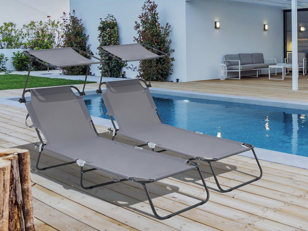 Ligbed set 2 ligstoelen inklapbaar "Lazy" - Met zonnescherm luifel - Grijs