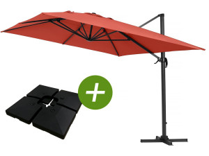 Parasol vrijhangend tuin zweefparasol Aluminium "Sun 4" - Rechthoekig - 3 x 4 m - Rood - Inclusief parasolvoet tegel / parasolte