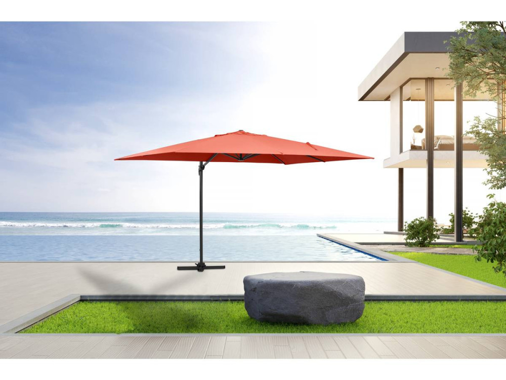 Parasol vrijhangend tuin zweefparasol Aluminium "Sun 4" - Rechthoekig - 3 x 4 m - Rood - Inclusief parasolvoet tegel / parasolte