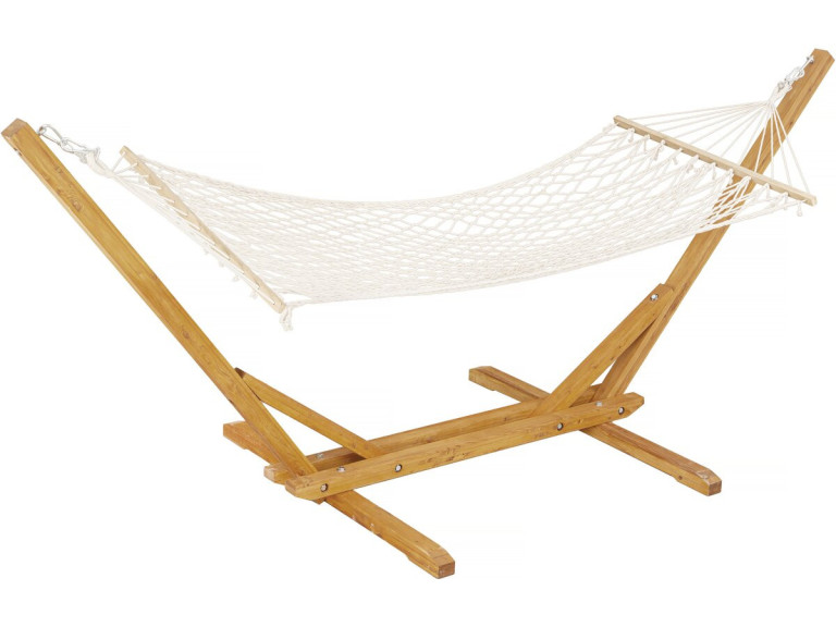 Houten hangmat met macramé stof "Dallas" - 305 x 120 x 123 cm - Wit