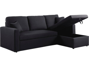 Hoekbank met opbergruimte slaapbank meubel links of rechts bank "Alain" - 221 x 145 x 85 cm - 3 zits - Zwart