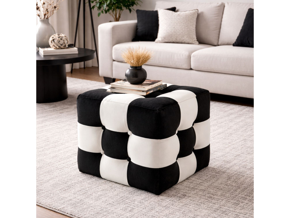 Patchwork" fluwelen poef - 42 x 42 x 42 cm - Zwart / Wit