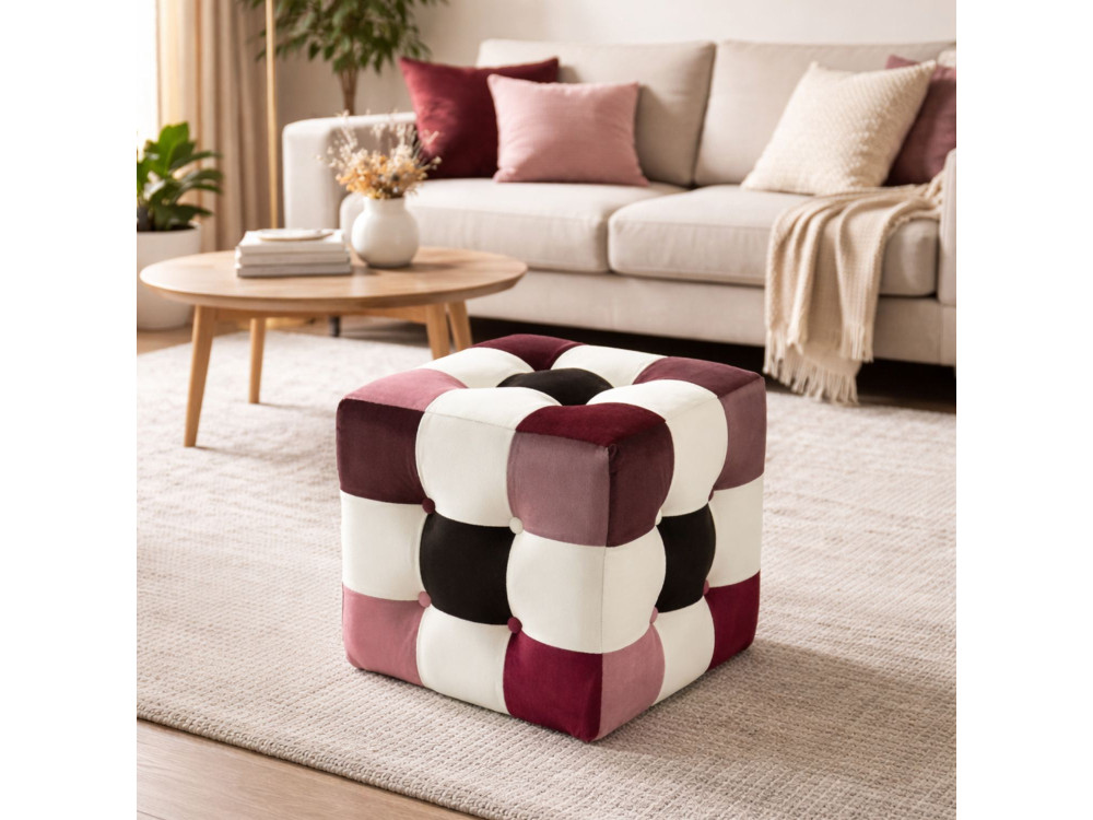 Patchwork" fluwelen poef - 42 x 42 x 42 cm - Veelkleurig