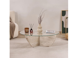 Salontafel Liya" glas 90 x 90 x 30 cm - Travertin 2