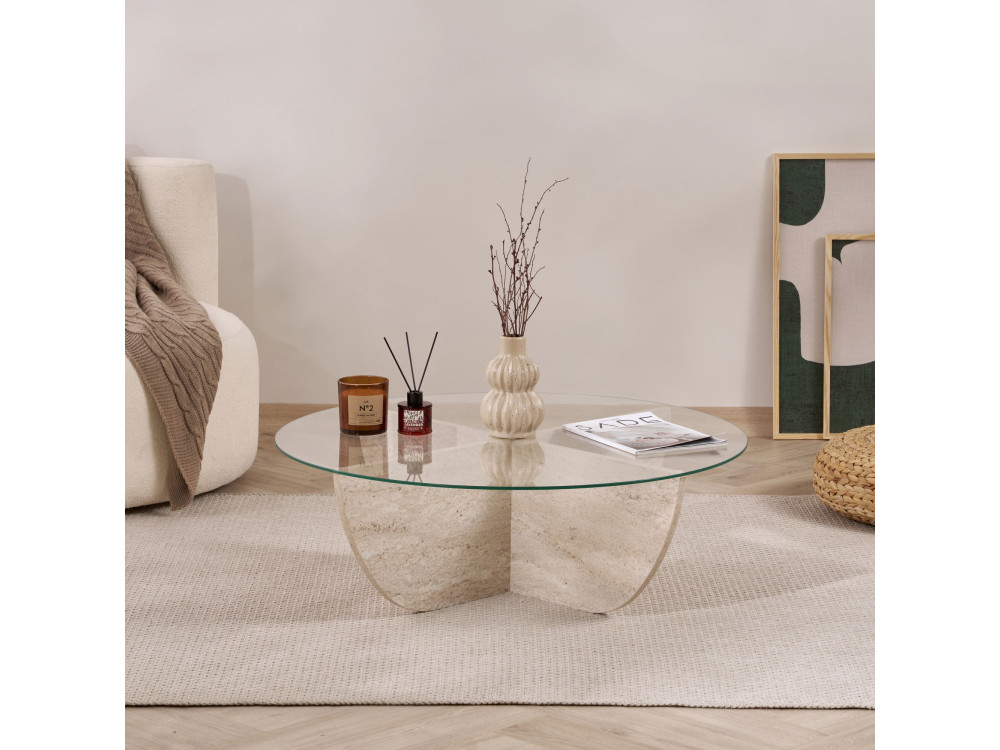 Salontafel Liya" glas 90 x 90 x 30 cm - Travertin