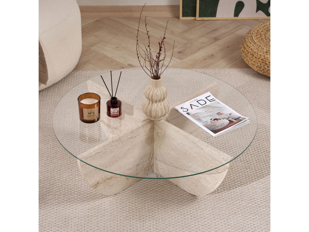 Salontafel Liya" glas 90 x 90 x 30 cm - Travertin