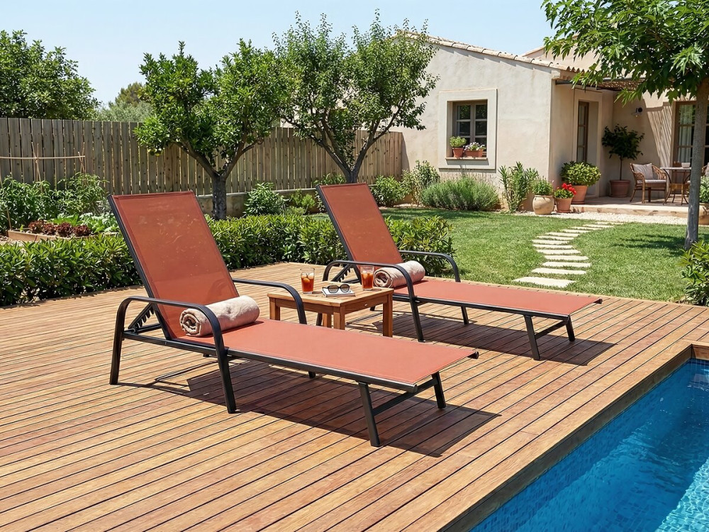 Set van 2 "Farniente" metalen ligstoelen met armleuningen - Terracotta