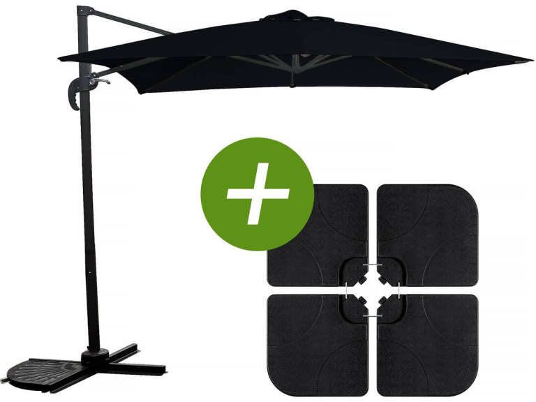Parasol vrijhangend tuin zweefparasol "Soleil" - Vierkant - 2,5 x 2,5 m - Zwart + inclusief parasolvoet tegel / parasoltegels