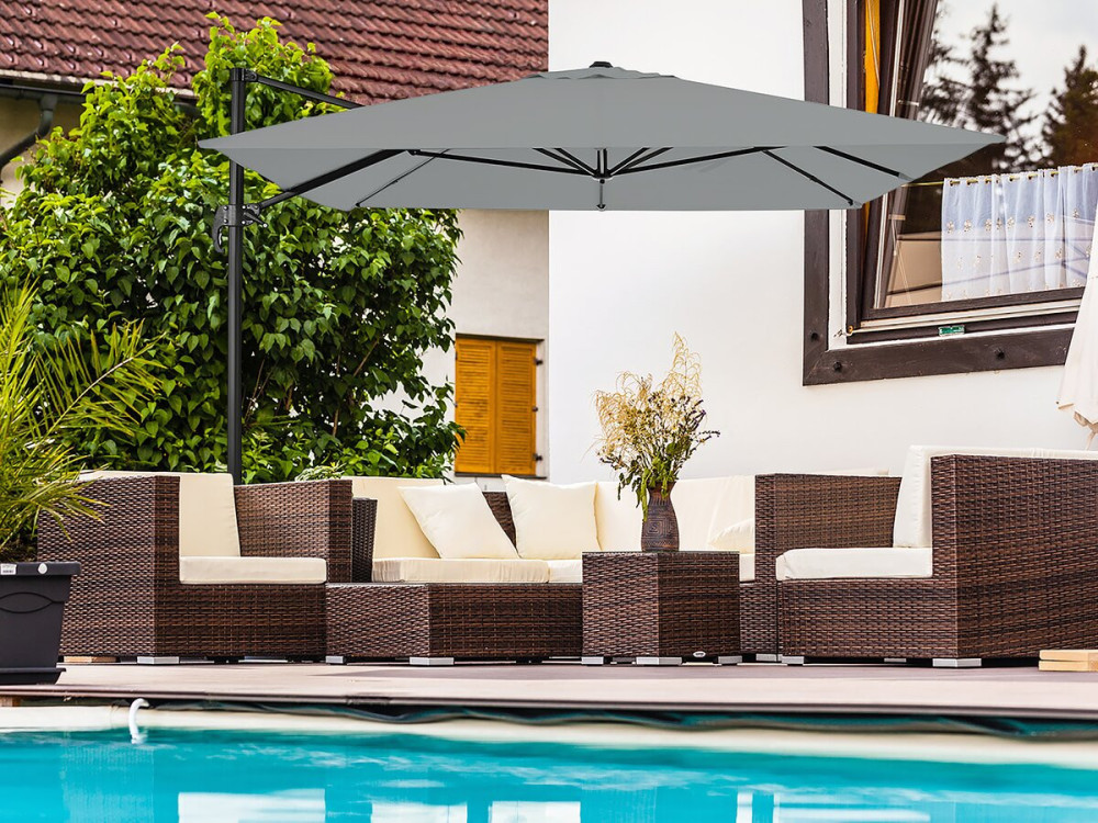 "Sky 4" aluminium zweefparasol - 3 x 4 m - Grijs - Inclusief verzwaarde platen