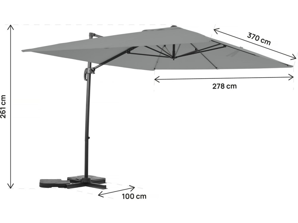 "Sky 4" aluminium zweefparasol - 3 x 4 m - Grijs - Inclusief verzwaarde platen