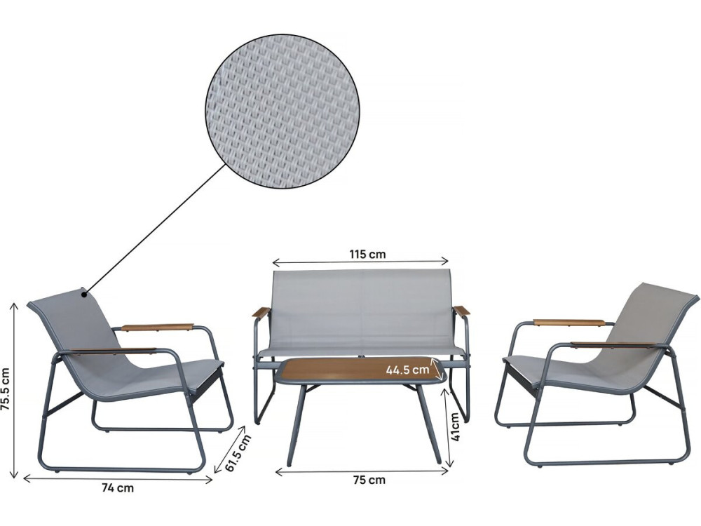 Metalen tuinset "Sparta" met imitatiehoutdecor - 4 zits - Lichtgrijs