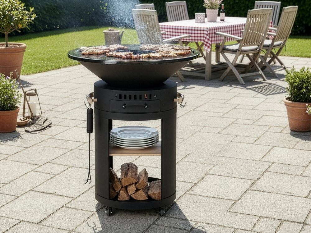 Cesar premium" houtskool en hout barbecue plancha vuurkorf - Ø 81 cm - Zwart