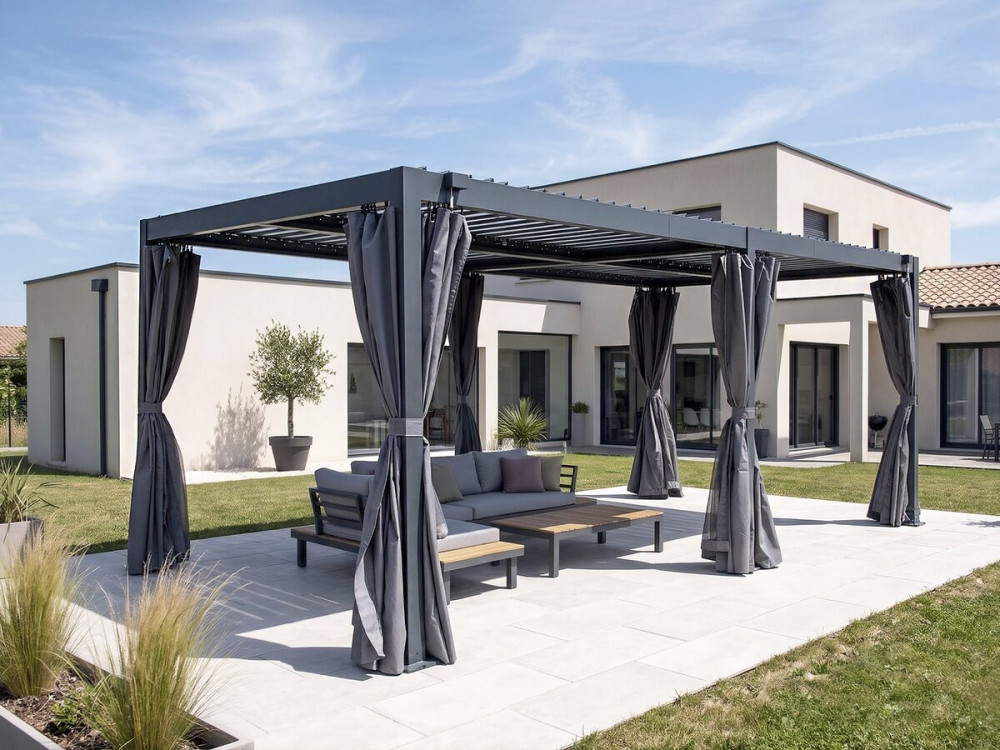 Aluminium bioklimatologische pergola met gordijn en muggengaas "Kensington" - 3 x 5 m - Grijs