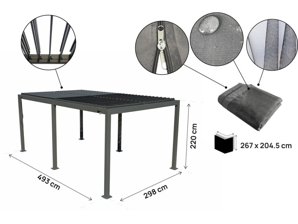 Aluminium bioklimatologische pergola met gordijn en muggengaas "Kensington" - 3 x 5 m - Grijs
