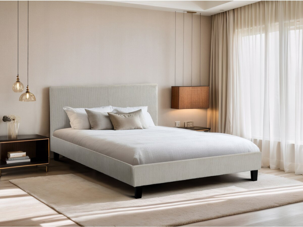 Tweepersoonsbed velours ribfluweel hoofdbord bed "Ambre" - 160 x 200 - Beige - lichtbruin