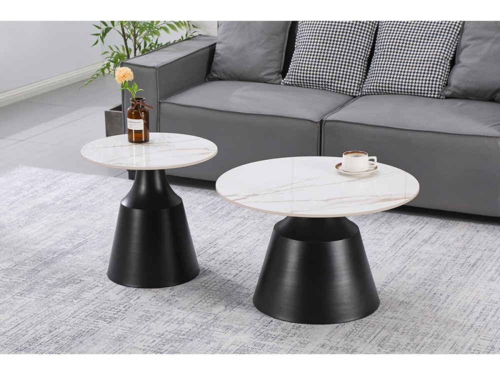 Set van 2 keramische salontafels "Vulca" - 70 x 70 x 43 cm - Wit