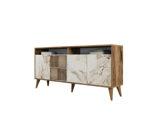 Houten dressoir "Milan" - 160 x 35 x 78 cm - Notelaar, Wit marmer