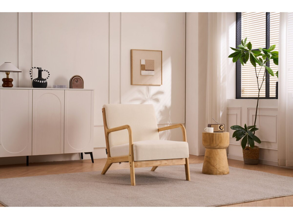 Fauteuil "Clinton" in hout in Scandinavische stijl - Linnen - Beige