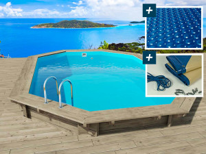Houten zwembad " Miami 120  " - 486 x 336 x 120 cm + noppenfolie zwembadfolie 180 µ + afdekzeil winter zwembad winterzeil 280 g/