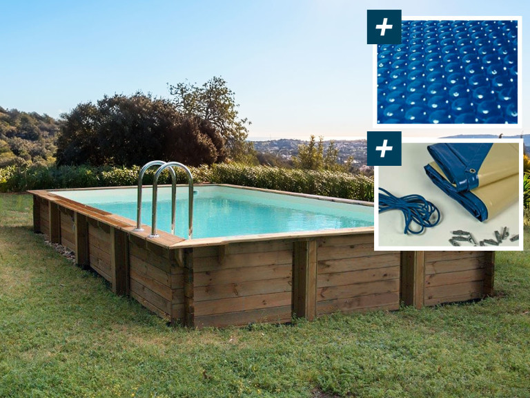 Houten rechthoekig zwembad "Murano" - 12,20 x 6,20 x 1,44 m - 400 µ noppenzeil - 280 g/m² winterzeil