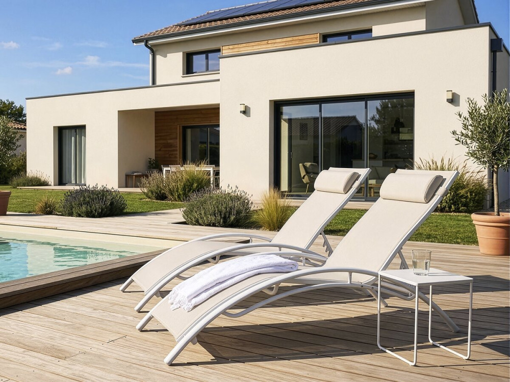 Ligbed ligstoel aluminium "Beauty" - Phoenix - Ecru - Set 2 stuks