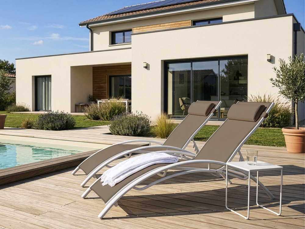 Ligbed ligstoel aluminium "Beauty" - Phoenix - Taupe - grijs bruin - Set 2 stuks