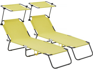Ligbed set 2 ligstoelen inklapbaar "Lazy" - Met zonnescherm luifel - Geel