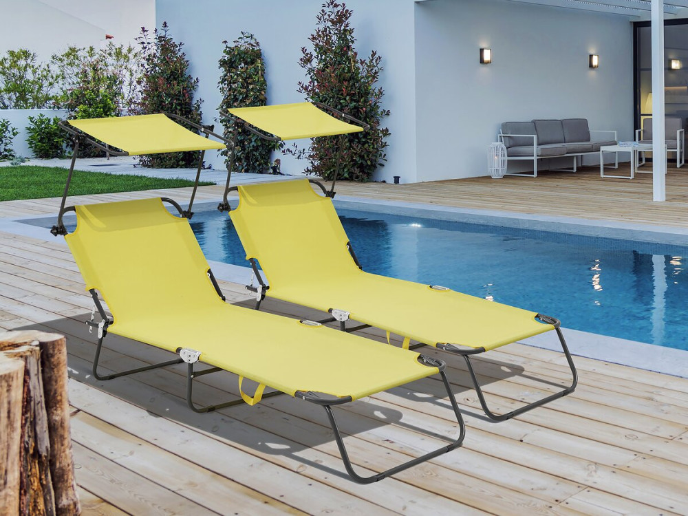 Ligbed set 2 ligstoelen inklapbaar "Lazy" - Met zonnescherm luifel - Geel