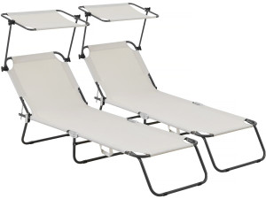 Ligbed set 2 ligstoelen inklapbaar "Lazy" - Met zonnescherm luifel - Beige - lichtbruin