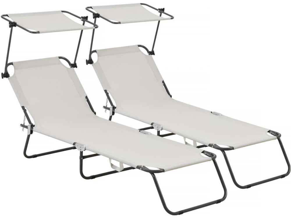 Ligbed set 2 ligstoelen inklapbaar "Lazy" - Met zonnescherm luifel - Beige - lichtbruin
