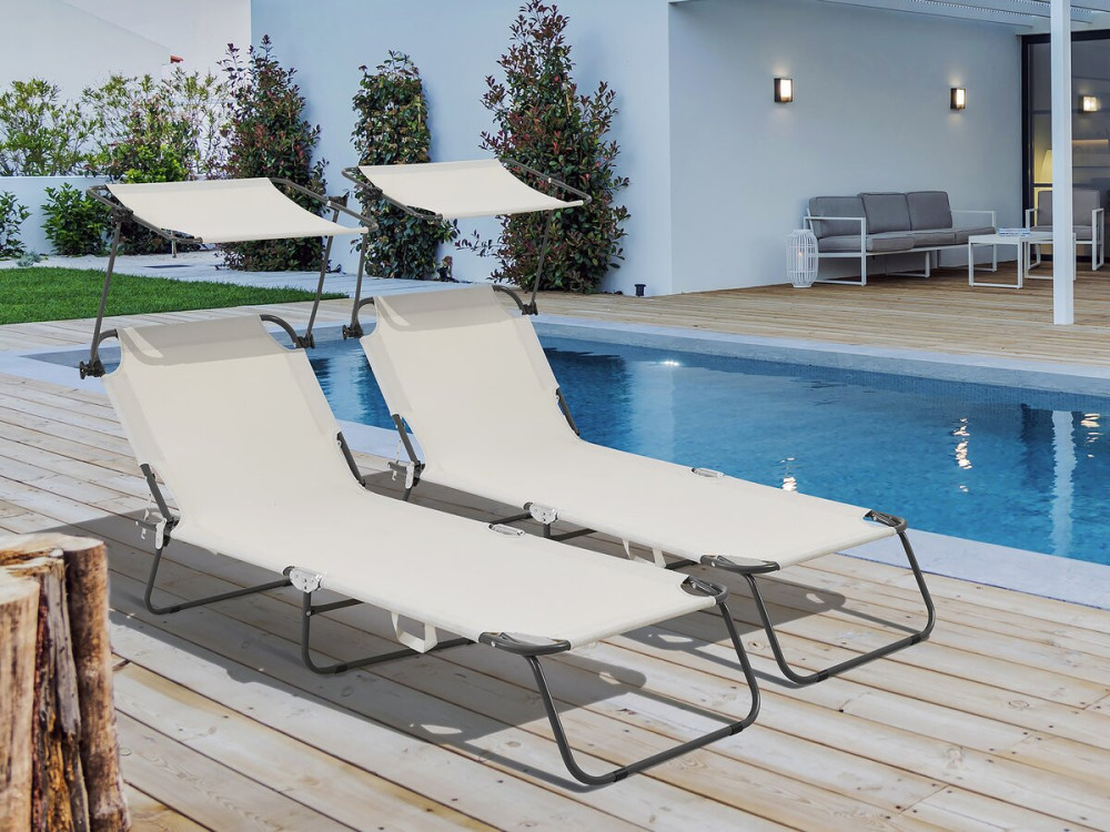 Ligbed set 2 ligstoelen inklapbaar "Lazy" - Met zonnescherm luifel - Beige - lichtbruin