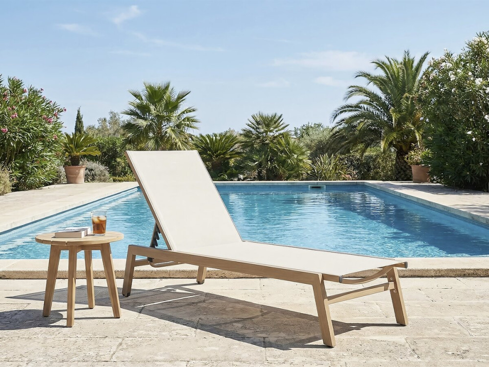 Elysia" aluminium ligstoel met houteffect - Ecru