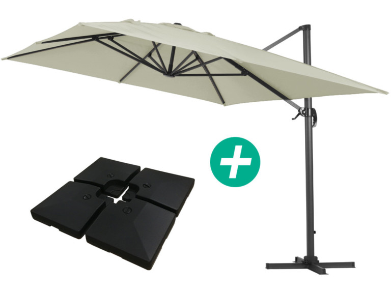 Parasol vrijhangend tuin zweefparasol Aluminium "Sun 4" - Rechthoekig - 3 x 4 m - Ecru - Inclusief parasolvoet tegel / parasolte