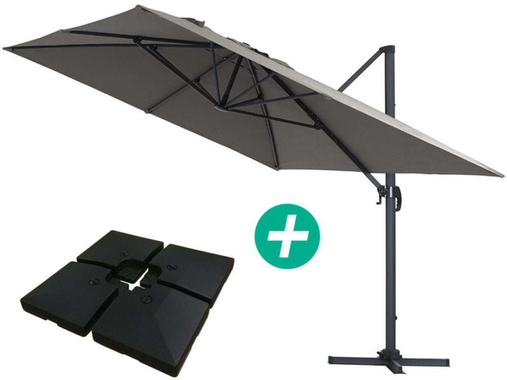 Parasol vrijhangend tuin zweefparasol Aluminium "Sun 4" - Rechthoekig - 3 x 4 m - Grijs - Inclusief parasolvoet tegel / parasolt