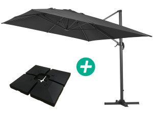 Parasol vrijhangend tuin zweefparasol Aluminium "Sun 4" - Rechthoekig - 3 x 4 m - Zwart - Inclusief parasolvoet tegel / parasolt