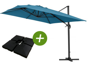 Parasol vrijhangend tuin zweefparasol Aluminium "Sun 4" - Rechthoekig - 3 x 4 m - Blauw - Inclusief parasolvoet tegel / parasolt