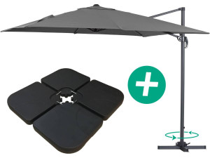 Parasol vrijhangend tuin zweefparasol Aluminium "Sun 3" - Vierkant - 3 x 3 m - Grijs - Inclusief parasolvoet tegel / parasoltege