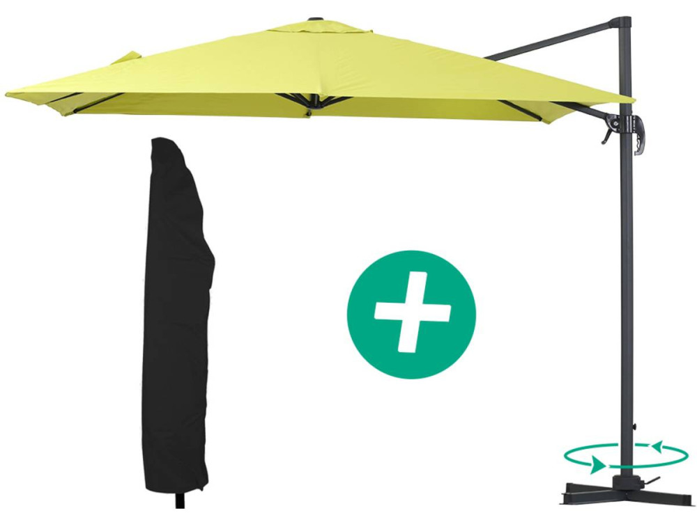 Parasol vrijhangend tuin zweefparasol Aluminium "Sun 3" - Vierkant - 3 x 3 m - Groen + beschermhoes parasol