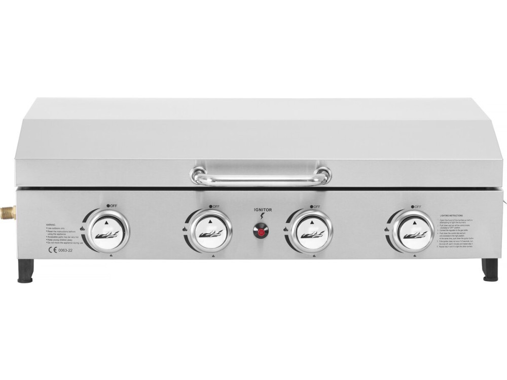 Plancha gas 4 branders bbq gasgrill bakplaat met deksel "Fasto" - 10 kW - Grijs