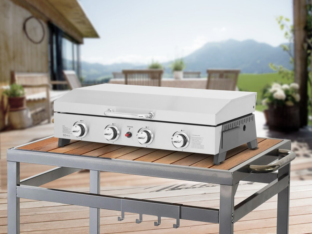 Plancha gas 4 branders bbq gasgrill bakplaat met deksel "Fasto" - 10 kW - Grijs