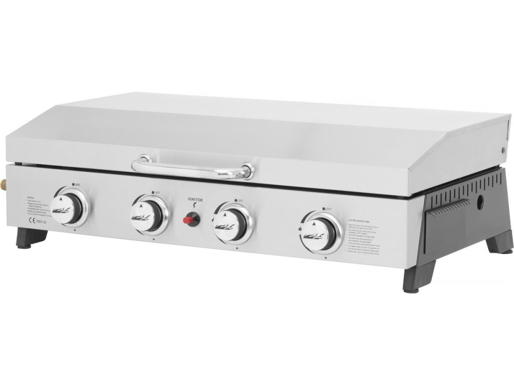 Plancha gas 4 branders bbq gasgrill bakplaat met deksel "Fasto" - 10 kW - Grijs