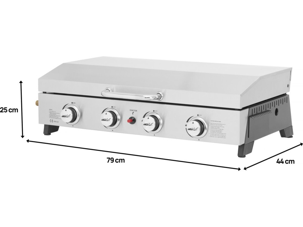 Plancha gas 4 branders bbq gasgrill bakplaat met deksel "Fasto" - 10 kW - Grijs