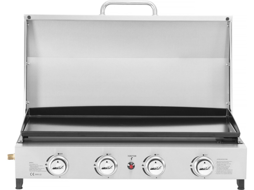 Plancha gas 4 branders bbq gasgrill bakplaat met deksel "Fasto" - 10 kW - Grijs