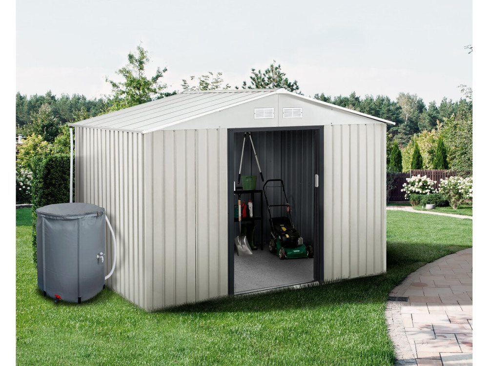 Metalen tuinhuis "Nebraska" - 5,29 m² met goot en wateropvangbak