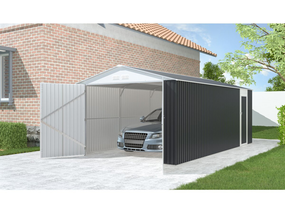 Garage auto schuur metaal "Houston" - 18,56 m² met goot en regenton waterreservoir - Antraciet