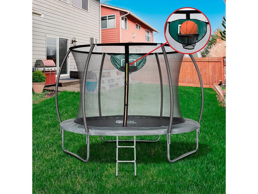 Trampoline 305 cm rond met veiligheidsnet buiten "Jumper" met basketbal ring - Ø 305 cm - Grijs