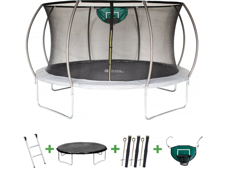 Trampoline 305 cm rond met veiligheidsnet buiten "Jumper" met basketbal ring - Ø 425 cm - Grijs