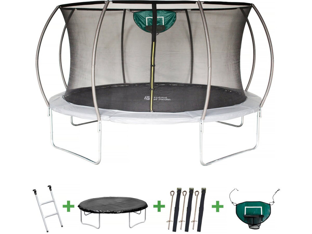 Trampoline 305 cm rond met veiligheidsnet buiten "Jumper" met basketbal ring - Ø 425 cm - Grijs