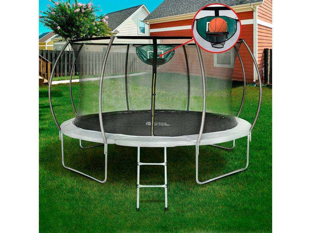 Trampoline 305 cm rond met veiligheidsnet buiten "Jumper" met basketbal ring - Ø 425 cm - Grijs